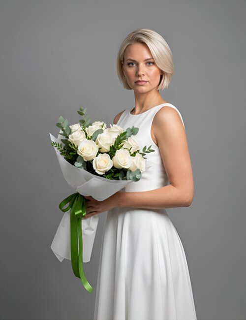 The bouquet White Harmony contains white roses, fern and eucalyptus.