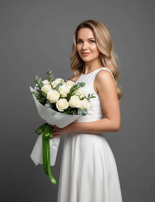 The bouquet White Harmony contains white roses, fern and eucalyptus.