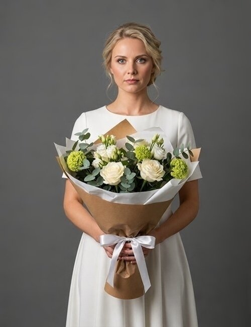 The "Alice" bouquet in the woman's hand consists of Avalanche Rose, Eustoma, Viburnum and Eucalyptus.