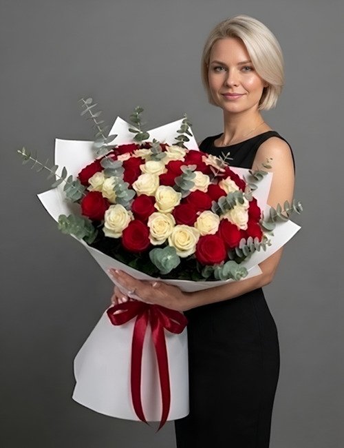 The bouquet As You Like It, contains red roses, white roses and eucalyptus leaves.