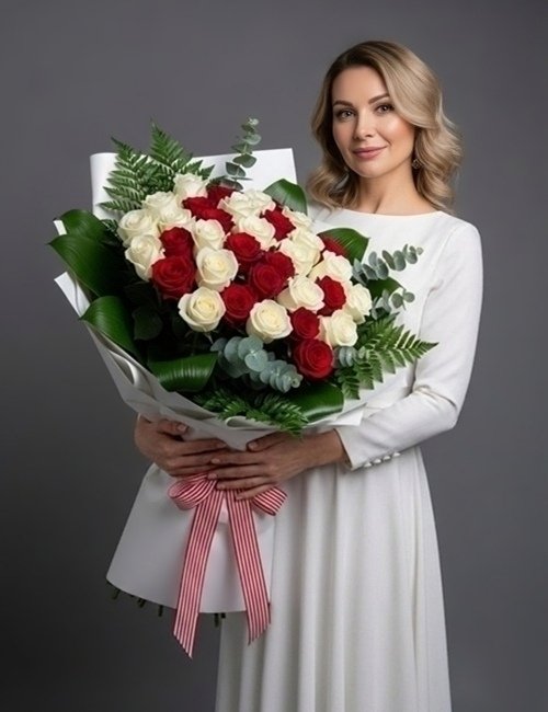 The bouquet As You Like It, contains red roses, white roses, ferns, aspidistra and eucalyptus leaves.