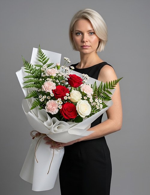 The "Estella" bouquet in the woman's hand includes Naomi Rose, Carnation, Avalanche Rose, Fern and Wax Flower.