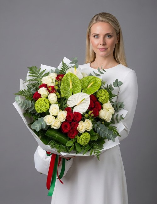 The "Forever Remembered" bouquet pictured includes Red Naomi Roses, Avalanche Roses, green and white Anthurium, Viburnum, Eucalyptus, Fern, and Aspidistra.