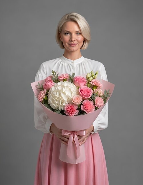 A soft pink and white floral arrangement titled 'It's a Girl' featuring pink roses, spray roses, white hydrangea, carnations, and lisianthus with eucalyptus foliage.
