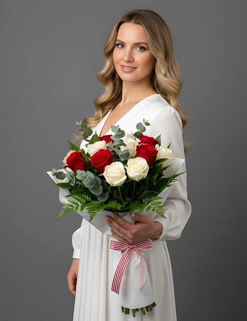 The bouquet Joyful Passion, contains red and white roses, ferns and eucalyptus.