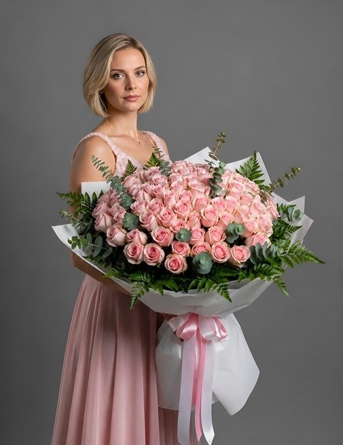 The bouquet Parisian Rose, contains pink roses, eucalyptus and ferns.