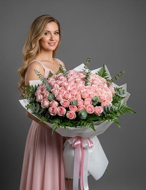 The bouquet Parisian Rose, contains pink roses, eucalyptus and ferns.
