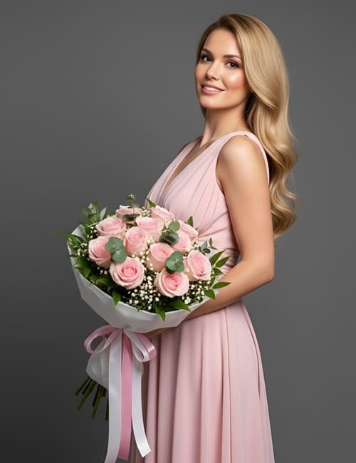 The bouquet Pink Petals of Love, features pink roses, salal, and gypsophelia.