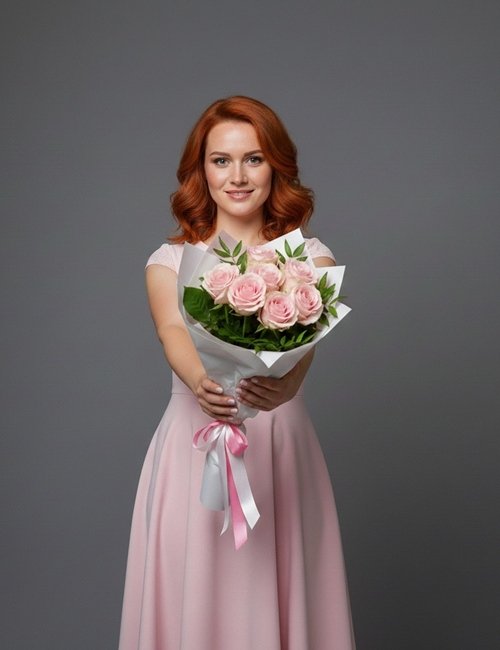 The bouquet Pink Sparkle, contains pink roses and ferns.