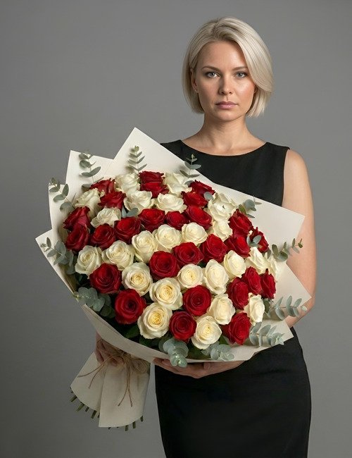 The bouquet Red and White, contains red roses, white roses and eucalyptus leaves.