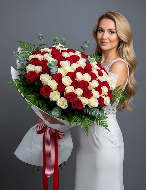 The bouquet Red and White, contains red roses, white roses, ferns and eucalyptus leaves.