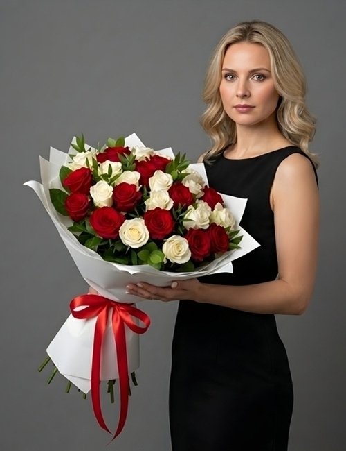 The bouquet Romance, contains red roses, white roses and pistachio leaves.
