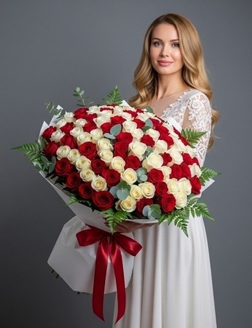 The bouquet Sweet Paradise, contains red roses, white roses, ferns and eucalyptus leaves.