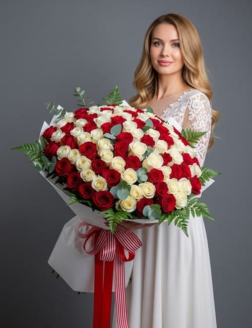 The bouquet Sweet Paradise, contains red roses, white roses, ferns and eucalyptus leaves.