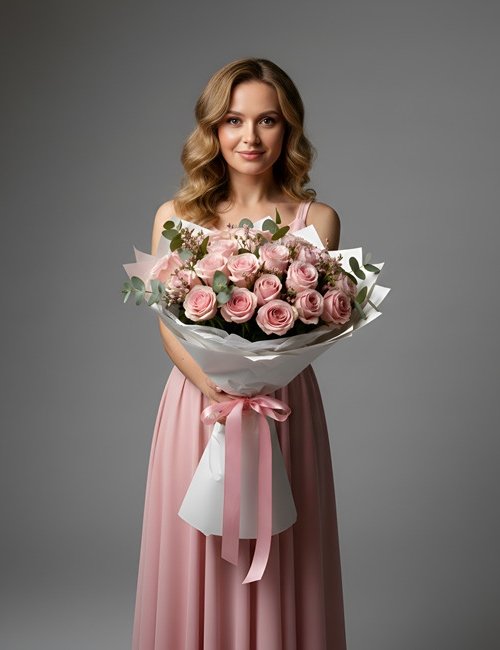 The bouquet Sweet Surrender, contains pink roses and eucalyptus.