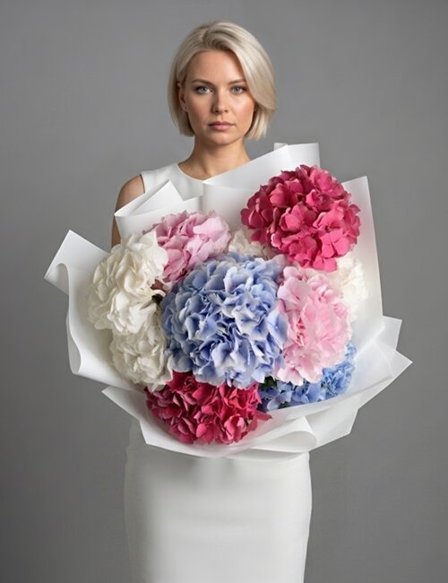A voluminous 'Blooming Joy' bouquet composed of dense hydrangea clusters in a vibrant mix of blue, purple, pink, and white tones.