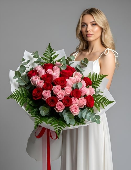 A large bouquet of 15 red Naomi roses and 25 pink Rosita Vendela roses mixed with green eucalyptus and fern leaves in a professional floral wrap.