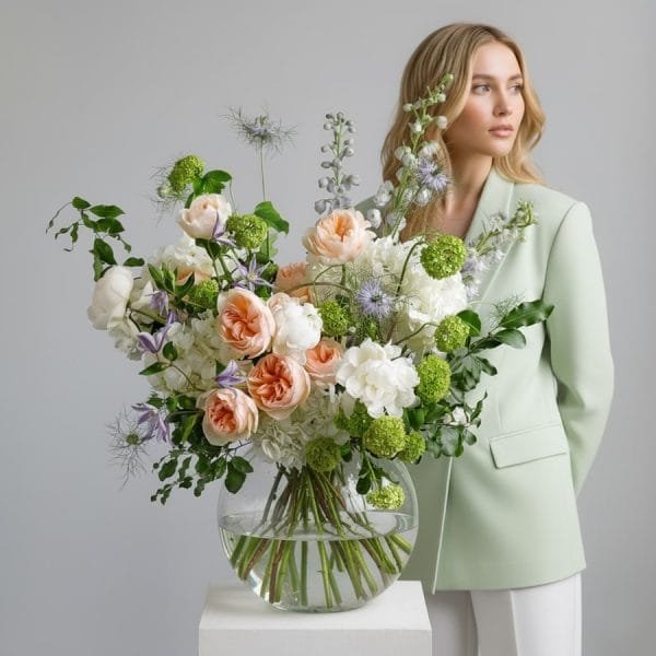 A sculptural, contemporary luxury flower arrangement designed by Bloom & Art, showcasing the artisan floristry expected from the best flower shop in London.