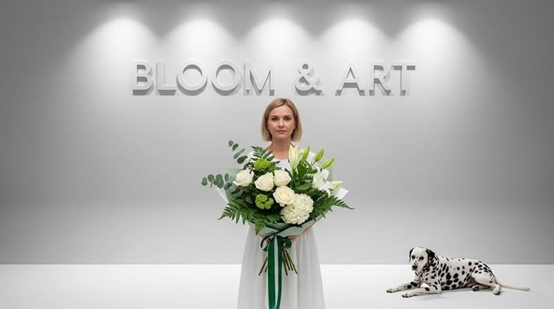 Elegant, modern floral display featuring white and green blooms, showcasing the artistic quality and precision of luxury flower delivery London by Bloom & Art