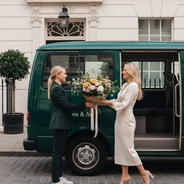 A premium floral gift being hand-delivered in central London, illustrating the reliable same-day service provided by Bloom & Art, the best flower shop in London.