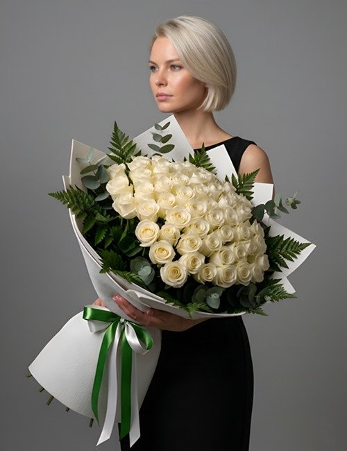 A large, lush bouquet of fifty white Avalanche roses with green eucalyptus and salal, expertly wrapped in premium white floral paper.
