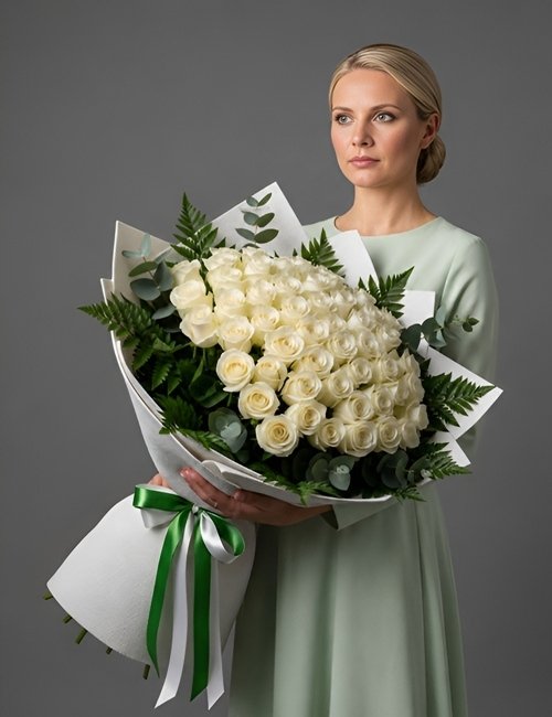 A large, lush bouquet of fifty white Avalanche roses with green eucalyptus and salal, expertly wrapped in premium white floral paper.