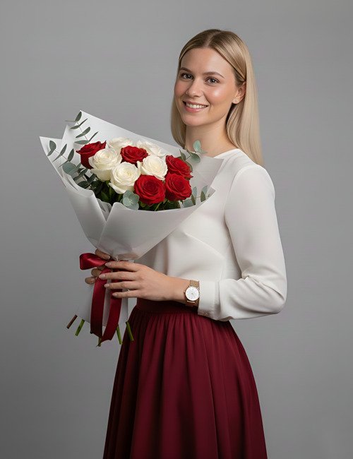 A beautiful 'Happy Moments' rose bouquet featuring a mix of five red Naomi roses, five white Avalanche roses, and green Eucalyptus foliage, wrapped in elegant paper.