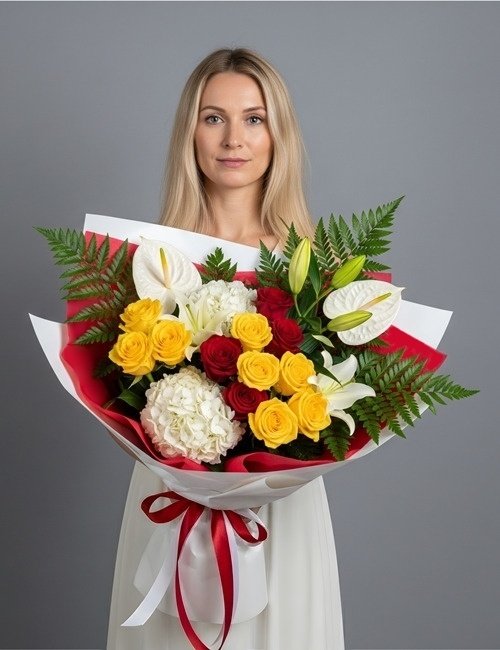 A luxurious 'Magic Moment' floral arrangement featuring yellow roses, red Naomi roses, white lilies, white hydrangea, and white anthuriums with green fern foliage.