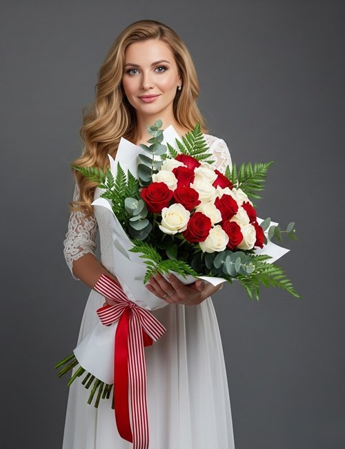 A balanced floral magic moment bouquet featuring twelve red Naomi roses and twelve white Avalanche roses, surrounded by fresh eucalyptus stems and green fern leaves.