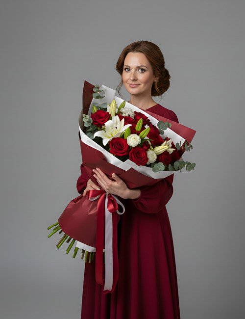 A premium 'Sophisticated Stems' bouquet featuring red Naomi roses, elegant lilies, white ranunculus, and dianthus flowers accented with fresh eucalyptus leaves
