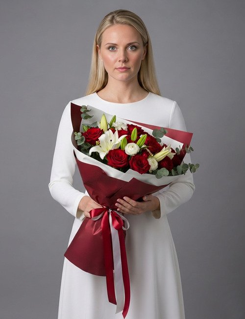 A premium 'Sophisticated Stems' bouquet featuring red Naomi roses, elegant lilies, white ranunculus, and dianthus flowers accented with fresh eucalyptus leaves