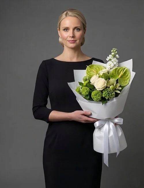 Flower delivery UK bouquet with white Avalanche roses, matthiola and anthurium