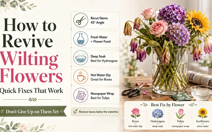 How to revive wilting flowers — quick fixes infographic with recut, deep soak, hot water dip and newspaper wrap techniques