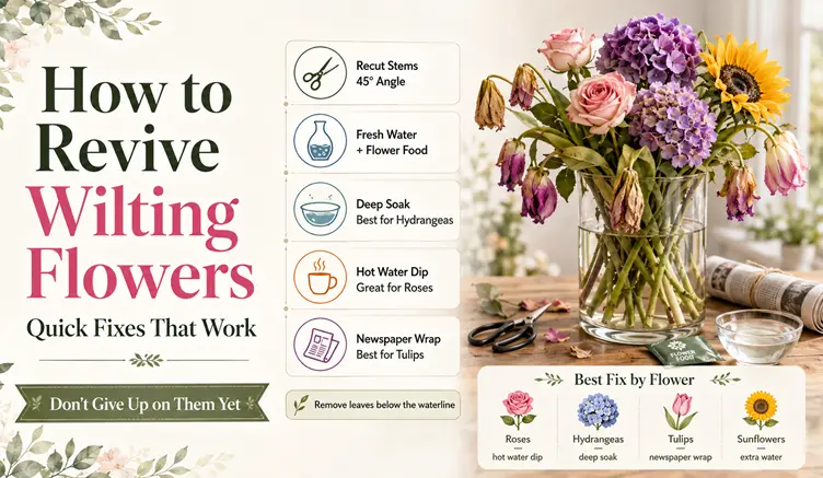 how-to-revive-wilting-flowers How to revive wilting flowers — quick fixes infographic with recut, deep soak, hot water dip and newspaper wrap techniques