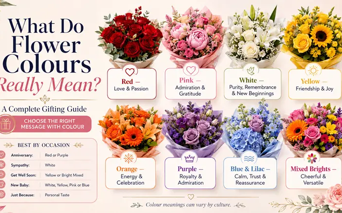 What do flower colours mean — colour symbolism guide with red, pink, white, yellow, orange, purple and mixed bouquets