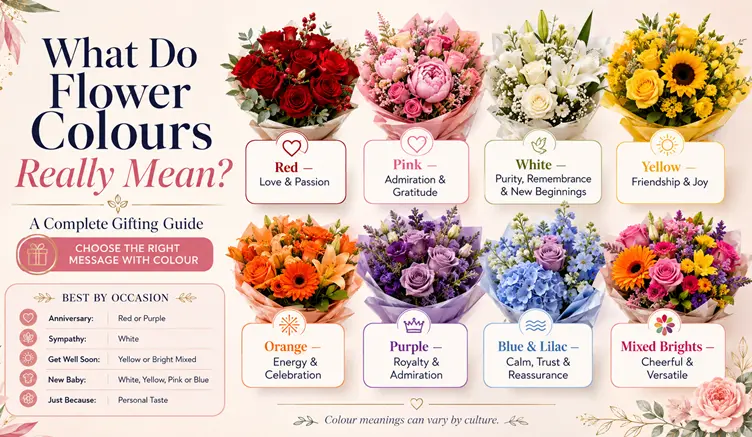 What do flower colours mean — colour symbolism guide with red, pink, white, yellow, orange, purple and mixed bouquets