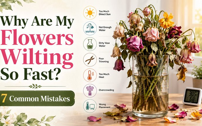 Why are my flowers wilting so fast — 7 common mistakes infographic with wilted rose bouquet