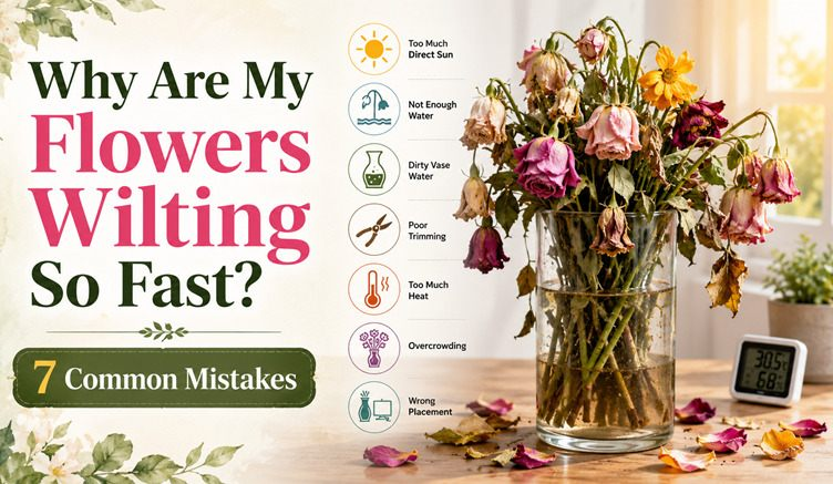 Why are my flowers wilting so fast — 7 common mistakes infographic with wilted rose bouquet
